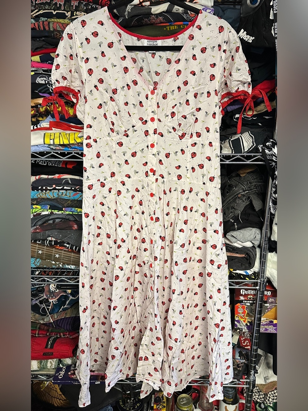 UNIQUE VINTAGE women's red white ladybug print flowy midi dress, XL.